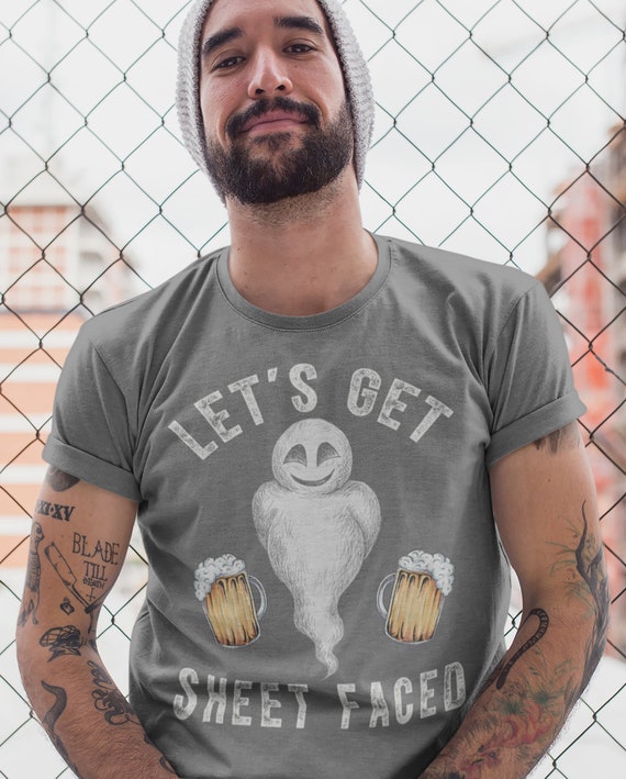 Men's Funny Halloween T Shirt Lets Get Sheet Faced Shirt Drinking TShirt Halloween Shirts Ghost T Shirts