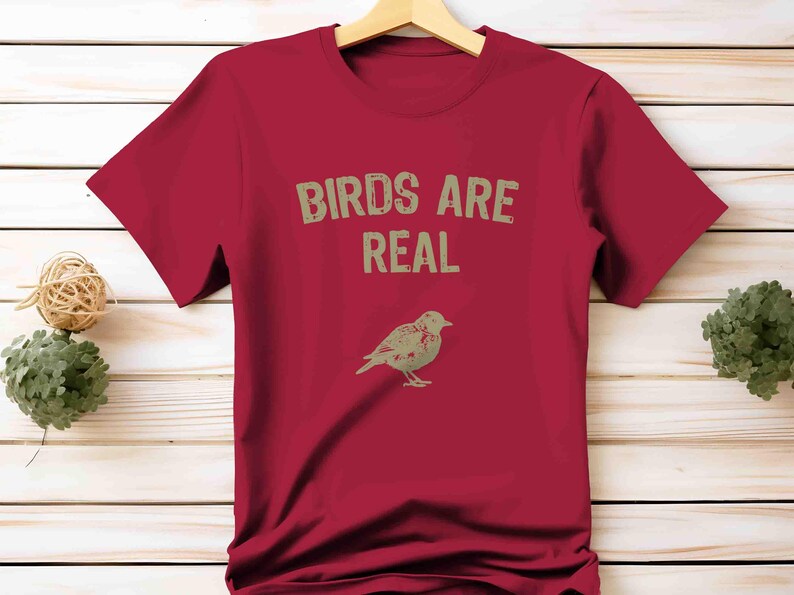 K&ouml;nnte beinhalten: Ein rotes T-Shirt mit dem Text "BIRDS ARE REAL" in Hellbraun und einer Vogelillustration. Das Shirt h&auml;ngt an einem Holzb&uuml;gel vor einem hellen Holz Hintergrund.