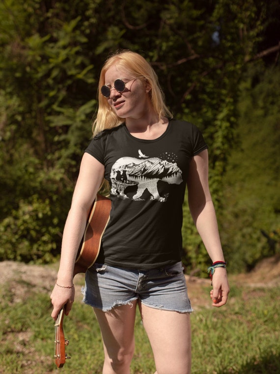 Women's Hipster T Shirt Bear Shirts Camping TShirt Double Exposure Mountains Nature Shirts