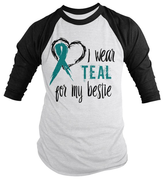 Shirts By Sarah Men's Teal Ribbon Wear for Bestie 3/4 Sleeve Raglan Awareness Shirts