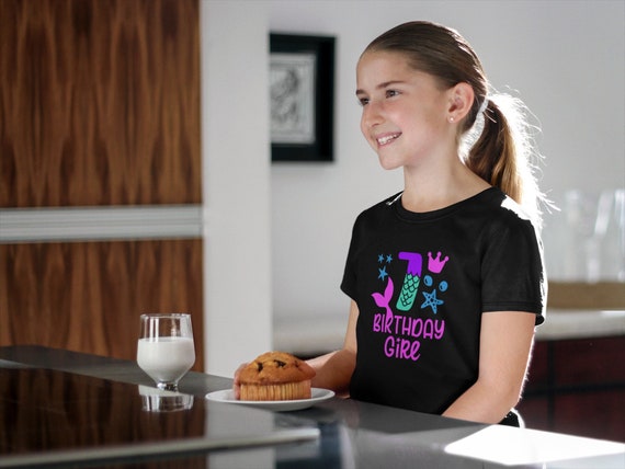 Girl's 7th Birthday T Shirt Mermaid Birthday T-Shirt Gift Ocean Sea Theme Tail Seven 7 Shirt Gift Idea Childs Youth Tee