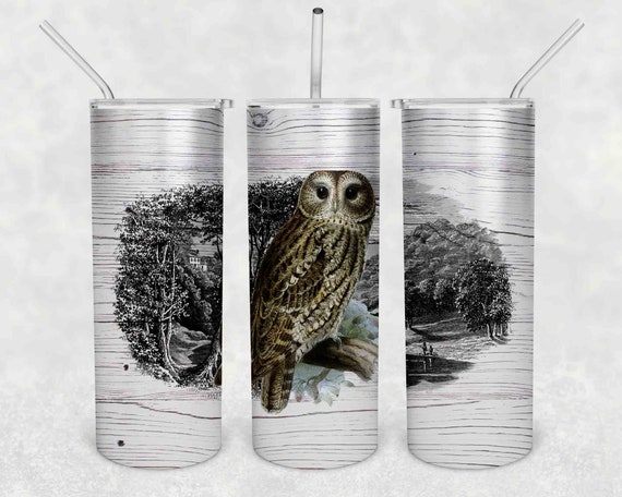Wood Owl Tumbler With Stainless Steel Straw Skinny Tumbler Gorgeous Illustrated Owl Gift Idea Travel Mug Cold Hot Vacuum Lid