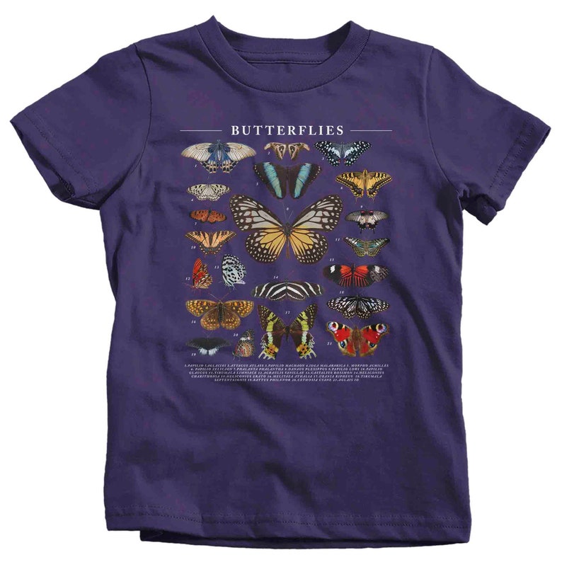 May include: Purple t-shirt with a graphic of various butterflies and the text "Butterflies".