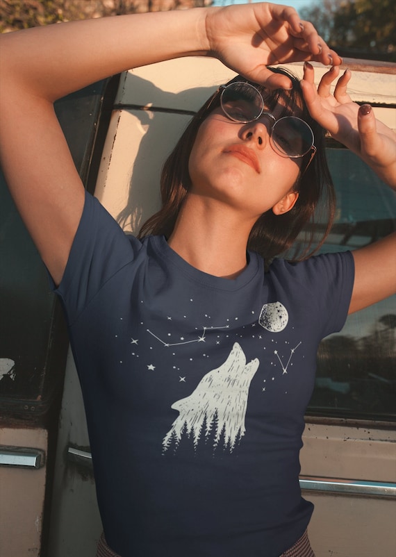 Women's Hipster Wolf T-Shirt Howling Stars Moon Tee Big Dipper Shirt