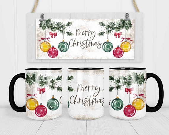 Merry Christmas Coffee Mug Rustic Ornament Gift Winter Décor Cup Pine Pretty Bow Gift Coffee Mugs Illustrated 15 oz. 20 oz. Large Huge