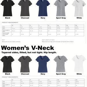 May include: A chart showing the measurements for women's crew neck and V-neck t-shirts in sizes XS to 4XL. The chart includes measurements for bust, body length at back, and sleeve length from center back. The t-shirts are available in black, charcoal, navy, sport gray, and white.
