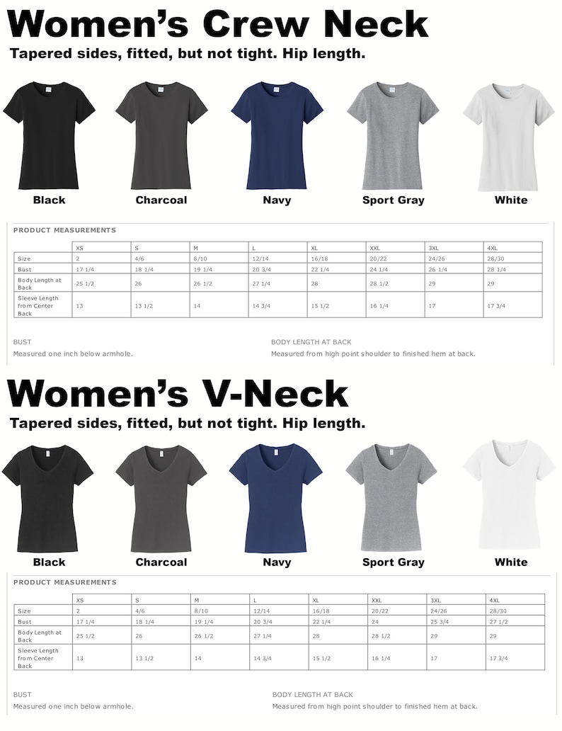 May include: A chart showing the measurements for women's crew neck and V-neck t-shirts in sizes XS to 4XL. The chart includes measurements for bust, body length at back, and sleeve length from center back. The t-shirts are available in black, charcoal, navy, sport gray, and white.