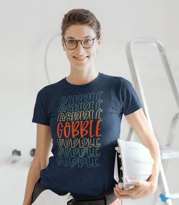 Women's Cute Thanksgiving T Shirt Gobble Shirt Fun Stacked Font Mirror Text Retro Tshirt Vintage Thanksgiving T-Shirt