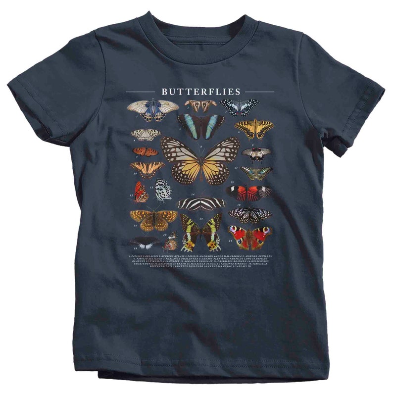 May include: A navy blue t-shirt with a graphic of various butterflies. The butterflies are numbered and labeled with their scientific names. The text "Butterflies" is printed at the top of the graphic.