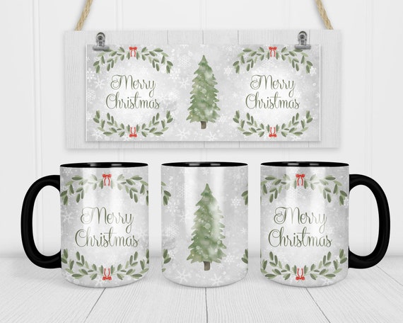 Merry Christmas Coffee Mug Wreath Tree Gift Winter Décor Cup Watercolor Pretty Gift Coffee Mugs Illustrated 15 oz. 20 oz. Large Giant Big