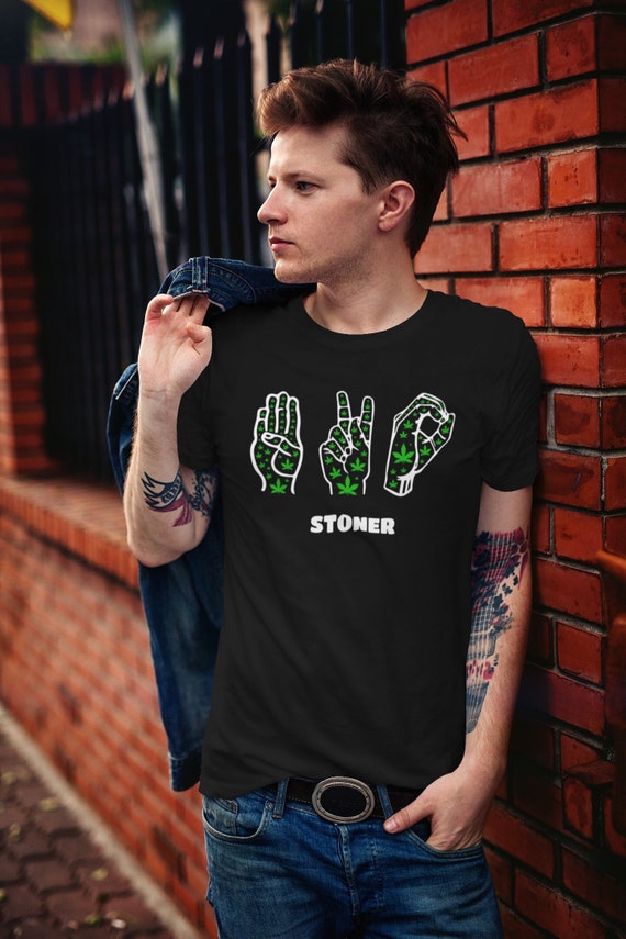 Men's Funny Weed T Shirt Cannabis Marijuana High 420 ASL Pot Leaf Tshirts Sign Language Stoner Gift Men Unisex Tee