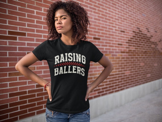 Women's Funny Baseball T Shirt Raising Ballers Laces Tshirt Baseball Mom Baller Player Saying Tee Batter Ladies Fit Woman Cut Tee Gift Idea