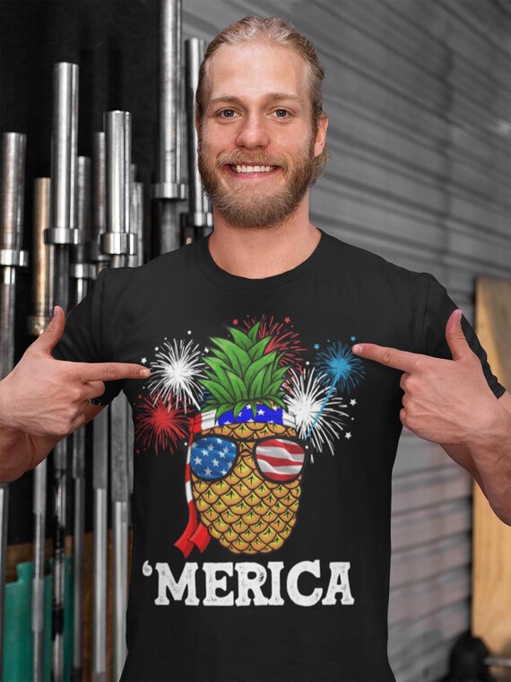 Men's Funny 4th July T Shirt Merica Pineapple Shirt Fireworks Shirt Patriotic Hipster Shirt Funny Pineapple Tee