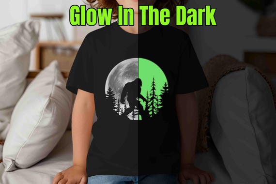 Kids Glow In The Dark Bigfoot Shirt Sasquatch GITD Moon T Shirt Cryptozoology Gift Squatch Forest Hipster Geek Graphic Tee Unisex Youth