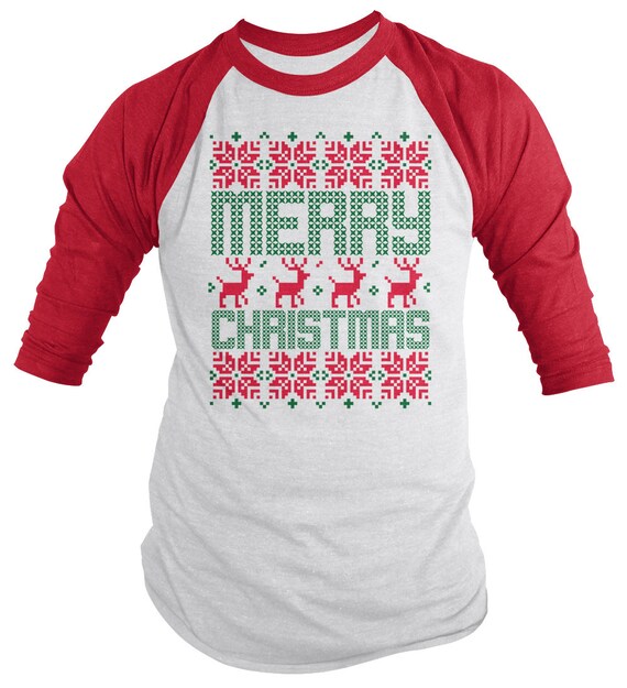 Shirts By Sarah Men's Ugly Merry Christmas Shirt 3/4 Sleeve Raglan Nordic Reindeer Pattern