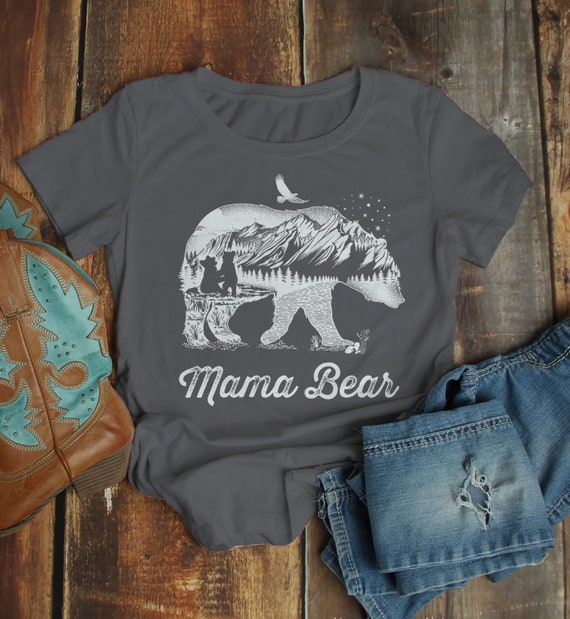 Women's Mama Bear T Shirt Mom T Shirts Hipster Double Exposure Camping Shirts