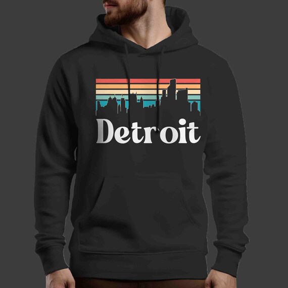 Men's Detroit Hoodie Sweatshirt MI Shirt Skyline City Michigan Pullover Gift Travel Tour Gift Tourist Graphic Tee Sky State City Auto Car