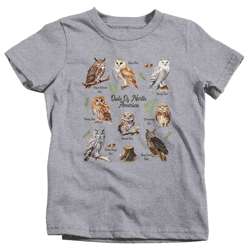 May include: A gray t-shirt with a graphic of different types of owls from North America. The owls are illustrated in a watercolor style and are surrounded by branches and leaves. The text "Owls Of North America" is printed in black at the center of the design.