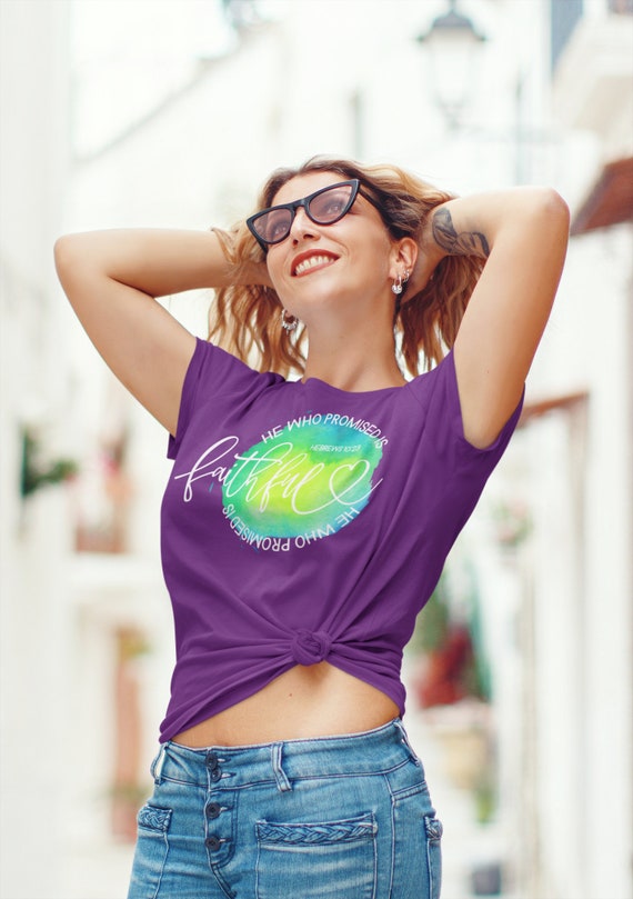 Women's Religious T Shirt Hebrews 10:23 Shirt He Who Promised Is Faithful Christian Bible Jesus Easter Saying Tee V-Neck Ladies