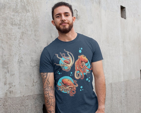 Men's Octopus Shirt Illustration Swimming Red Octopus Drawing Graphic Tee Cephalopod Sea Ocean Life T Shirt Unisex Man