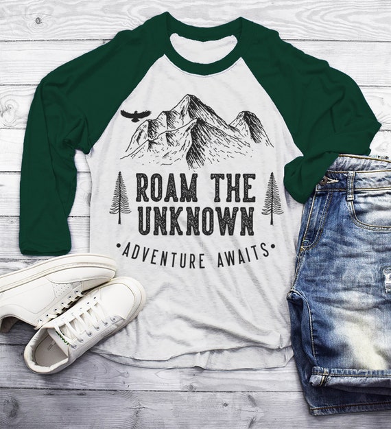 Men's Roam Unknown T Shirt Hipster Camping Shirts 3/4 Sleeve Raglan Adventure Awaits Mountains Graphic Tee Hipster