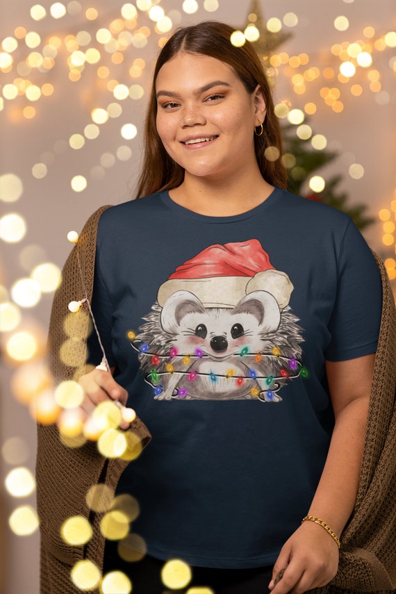 Women's Christmas Lights Shirt Hedgehog XMas T Shirt Cute Tee Tree Illustration Santa Hat Holiday Funny Graphic Tshirt Ladies