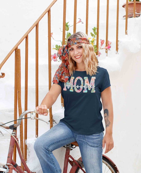 Women's Blessed Mom Shirt Mother's Day Gift Shirt For Mom Floral Southern Charm Tee Gift For Mom Tee Ladies V-Neck