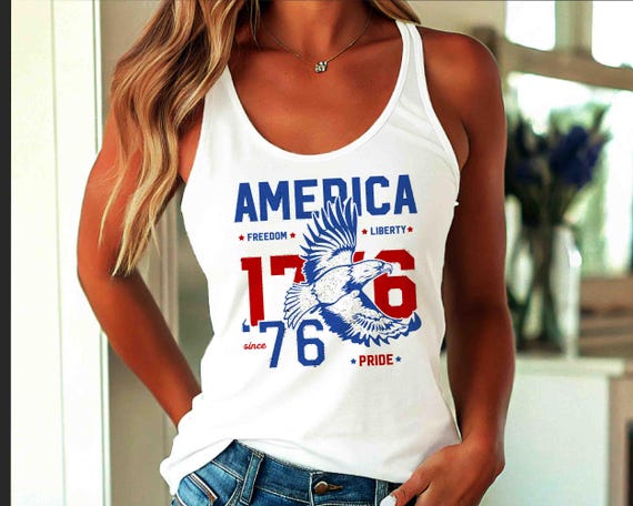 Women's America Tank Top Patriotic Vintage 1776 Racer Back Eagle Pride Freedom Liberty 4th July Free Independence Day Racerback Ladies Tee