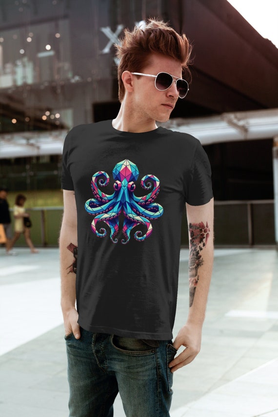 Men's Octopus Shirt Illustrated Vintage Hipster Tshirts Octopus Geometric Cool Graphic Tee Man Gift Idea Ocean Creature Abstract Digital Art