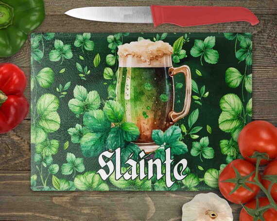 Slainte St. Patrick's Day Glass Cutting Board Kitchen Décor Tempered Green Beer Clover Cheers Health Sláinte Irish Saying Counter Art