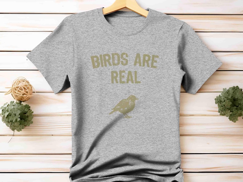 K&ouml;nnte beinhalten: Graues T-Shirt mit dem Text "BIRDS ARE REAL" in hellem Braun und einer Vogelillustration. Das T-Shirt h&auml;ngt an einem Holzb&uuml;gel.