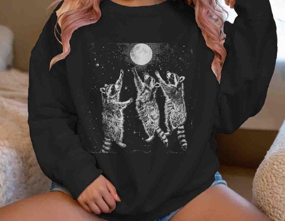 Men's Funny Racoon Sweatshirt Moon Howling Occult Witch Crewneck Pullover Gift Idea Trash Panda Coven Pagan Worship Unisex Fleece