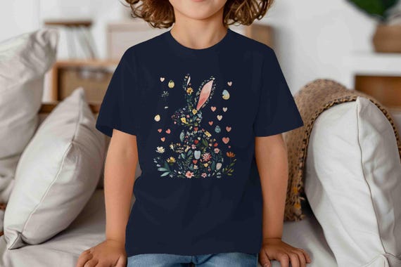 Kids Cute Easter TShirt Floral Flower Bunny Rabbit Silhouette Shirt Gift Unisex Tee Hearts Lush Greenery Teacher Hipster For Her Youth