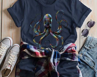 Women's Octopus T Shirt Hand Drawn Vintage Hipster Shirts Octopus Geometric Graphic Tee