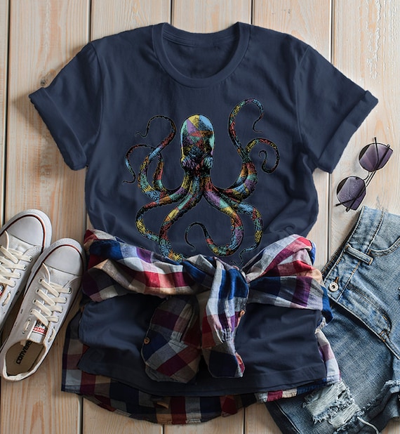 Women's Octopus T Shirt Hand Drawn Vintage Hipster Shirts Octopus Geometric Graphic Tee