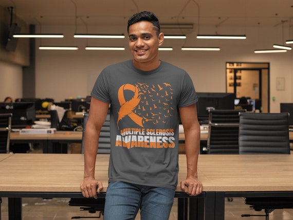 Men's Multiple Sclerosis Shirt MS Awareness T Shirt Orange Ribbon Feather Birds Hope  Tshirt Graphic Tee Streetwear Man Unisex