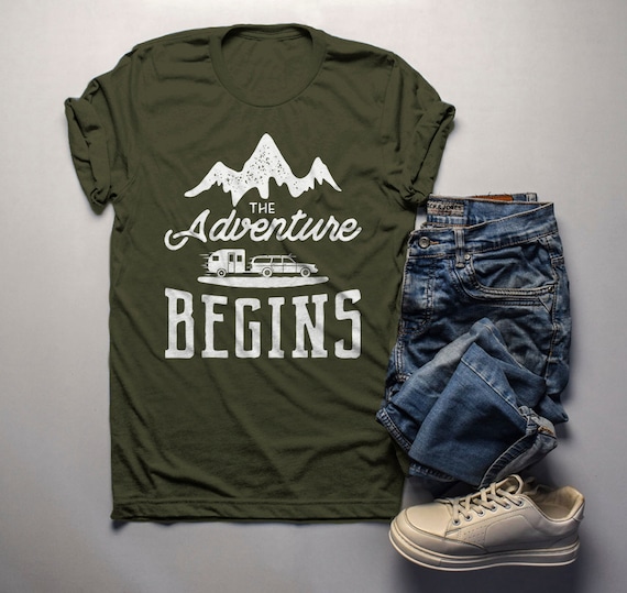 Men's Road Trip T Shirt Adventure Begins Graphic Tee Camping Mountains TShirt