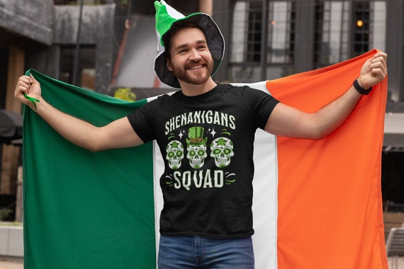 Men's Funny Shenanigans Squad Shirt St. Patrick's Day T Shirt Sugar Skull Grunge Tshirt Graphic Tee Streetwear Man Unisex