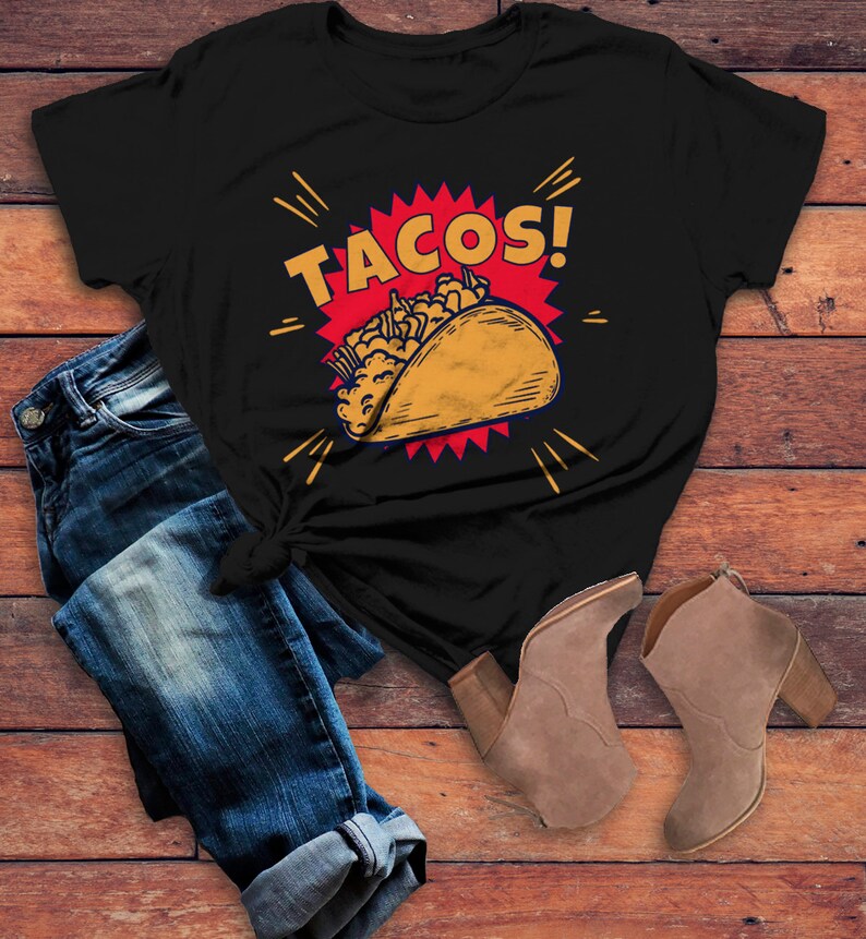 Women's Funny Tacos T-Shirt – Retro Graphic Tee For Cinco De Mayo & Taco Tuesday (Heather Gray Or Navy)