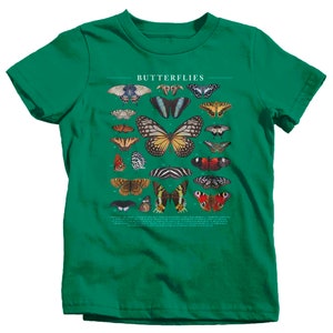 May include: Green t-shirt with a graphic of various butterflies and the word "Butterflies" printed on the front.