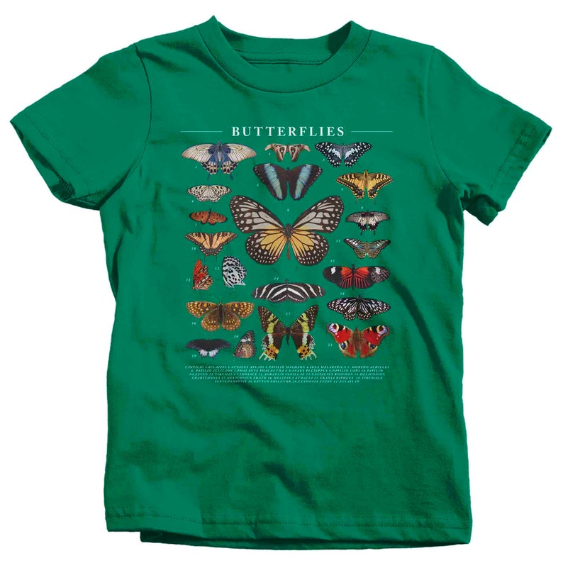 May include: Green t-shirt with a graphic of various butterflies and the word "Butterflies" printed on the front.