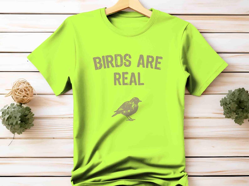 K&ouml;nnte beinhalten: Neongr&uuml;nes T-Shirt mit dem grauen Schriftzug "BIRDS ARE REAL" und einer grauen Vogelillustration. Das T-Shirt h&auml;ngt an einem Holzb&uuml;gel vor einem hellen Holz Hintergrund.