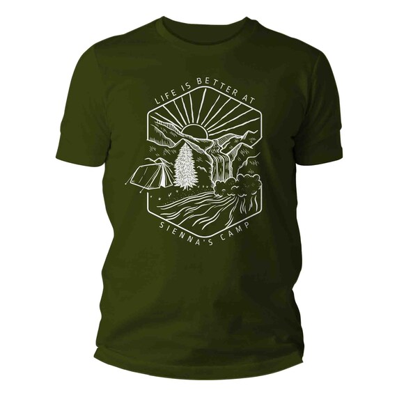 Men's Personalized Tent T Shirt Custom Line Art Waterfall Vintage Camp Shirt Adventure Logo Camper Badge Rustic Cabin Man Unisex Gift Idea
