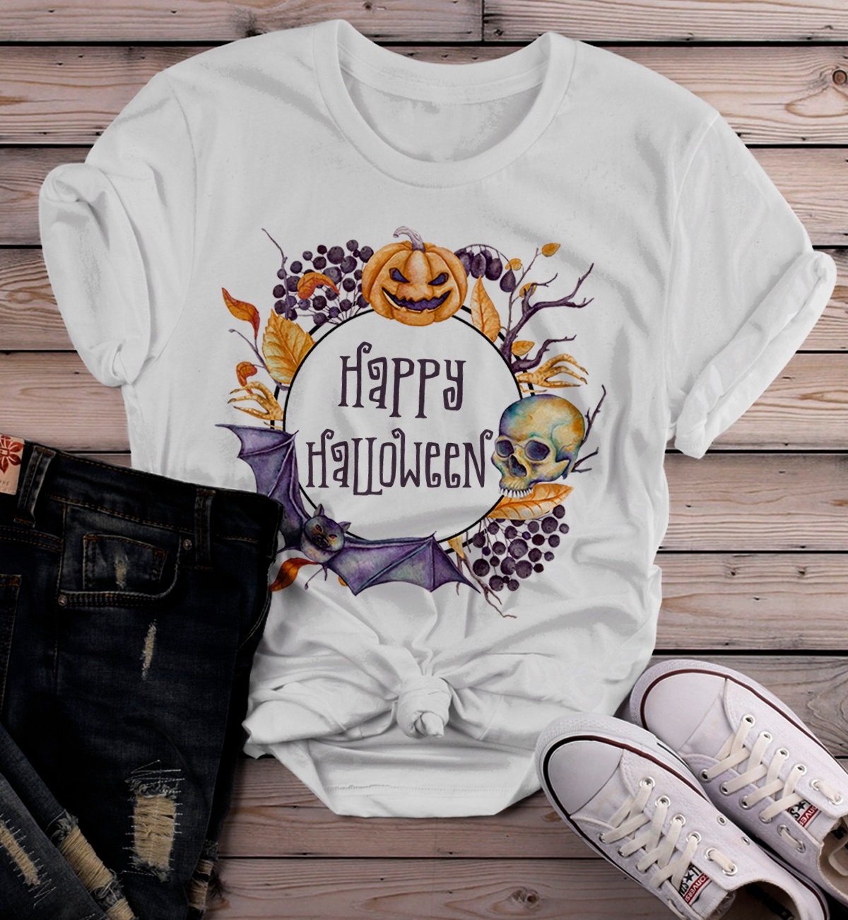 Women's Boho Halloween T Shirt Pumpkin Skull Wreath | Etsy