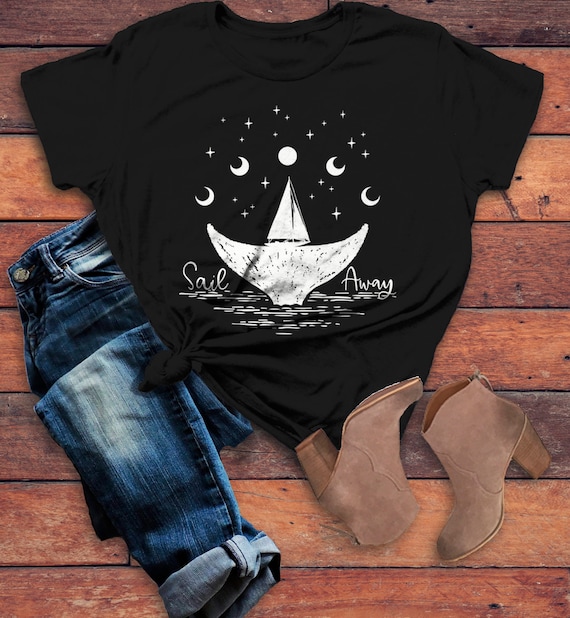 Women's Whale Hipster T-Shirt Sail Away Sailboat Shirt Wanderlust Graphic Tee Moon