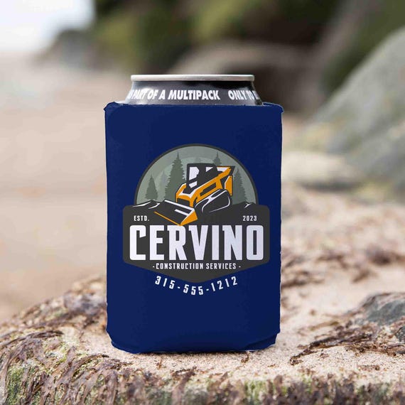 Custom Construction Cozie Personalized Can Cooler Bottle Company Excavating Skid Steer Clear Gift Backhoe Contractor Logo Business Soda