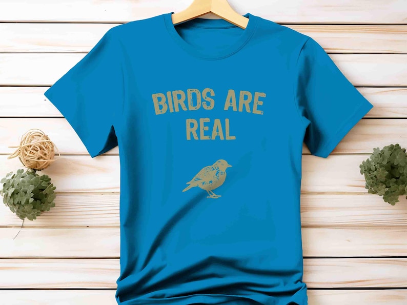 K&ouml;nnte beinhalten: T&uuml;rkisblaues T-Shirt mit dem Text "BIRDS ARE REAL" in verblichener goldener Schrift. Darunter eine goldene Illustration eines Vogels. Das T-Shirt h&auml;ngt an einem Holzkleiderb&uuml;gel.