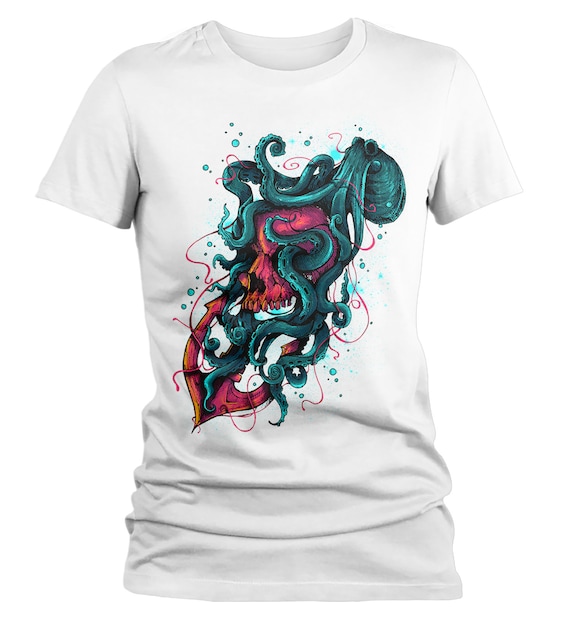 Women's Octopus T Shirt Hand Drawn Vintage Hipster Shirts Skull Tattoo Shirts Anchor Nautical Graphic Tee