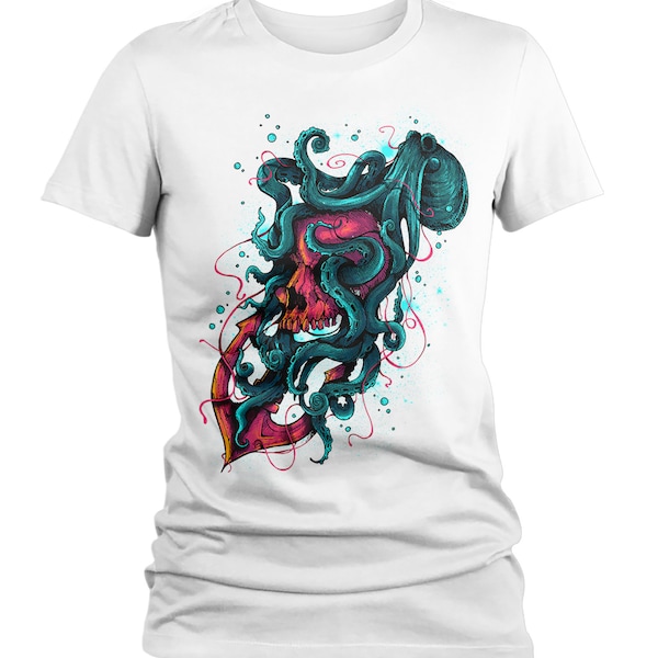 Women's Octopus T Shirt Hand Drawn Vintage Hipster Shirts Skull Tattoo Shirts Anchor Nautical Graphic Tee