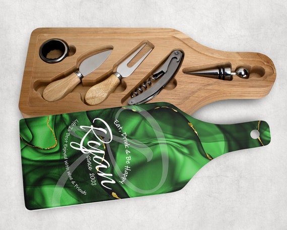 Personalized Emerald Wine Cheese Cutting Board Kitchen Decor Tempered Custom Green Gift For Mom Agate Mother's Day Housewarming Counter Art